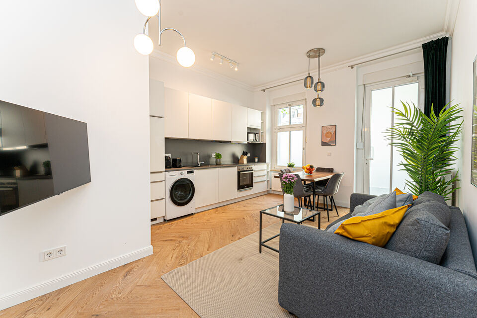 Furnished apartment, living room with open kitchen in Berlin Treptow-Köpenick