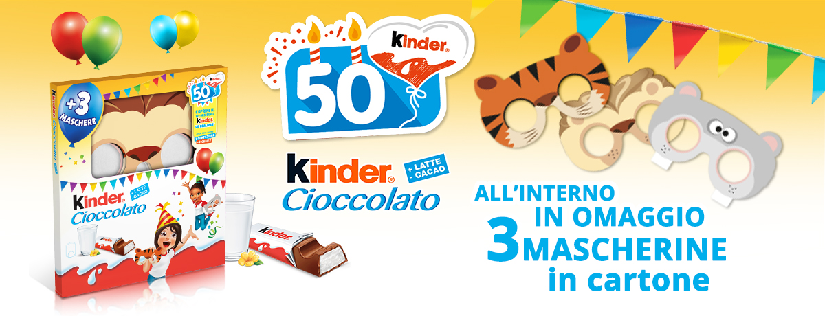 Kinder Cioccolato 50 anni - Edizione Limitata con Mascherine Kinder Cioccolato 50 anni - Edizione Limitata con Mascherine