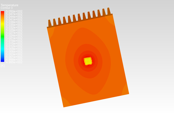Conjugate-Heat-Transfer-CHT-Simulation-Fin-Heat-Sink-Surface-Temperature-Contour-FetchCFD.PNG - High-quality image for the Fin Heat Sink Conjugate Heat Transfer (CHT) Simulation project