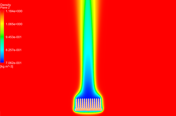 Heat-Sink-CHT-CFD-Simulation-Density-Contour-FetchCFD.PNG - High-quality image for the Fin Heat Sink Conjugate Heat Transfer (CHT) Simulation project