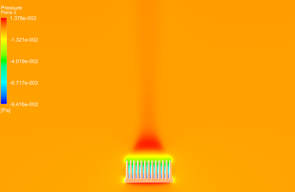 Heat-Sink-CHT-CFD-Simulation-Pressure-Contour-FetchCFD.PNG - High-quality image for the Fin Heat Sink Conjugate Heat Transfer (CHT) Simulation project