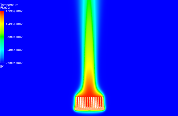 Heat-Sink-CHT-CFD-Simulation-Temperature-Contour-FetchCFD.PNG - High-quality image for the Fin Heat Sink Conjugate Heat Transfer (CHT) Simulation project