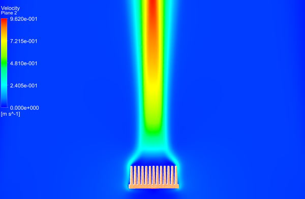 Heat-Sink-CHT-CFD-Simulation-Velocity-Contour-FetchCFD.PNG - High-quality image for the Fin Heat Sink Conjugate Heat Transfer (CHT) Simulation project