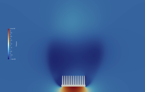 Finned-heat-sink-cht-simulation-FetchCFD-Image-Pressure-contour.PNG - High-quality image for the Finned Heat Sink Conjugate Heat Transfer (CHT) Simulation project