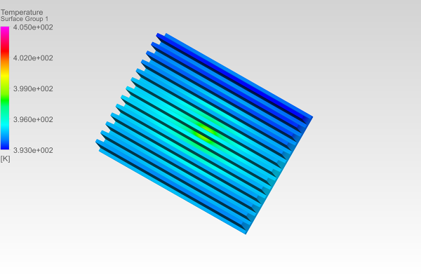 Finned-heat-sink-cht-simulation-FetchCFD-Image-Temp-surface-contour.PNG - High-quality image for the Finned Heat Sink Conjugate Heat Transfer (CHT) Simulation project