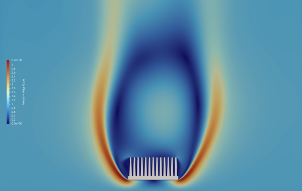 Finned-heat-sink-cht-simulation-FetchCFD-Image-Velocity-contour.PNG - High-quality image for the Finned Heat Sink Conjugate Heat Transfer (CHT) Simulation project