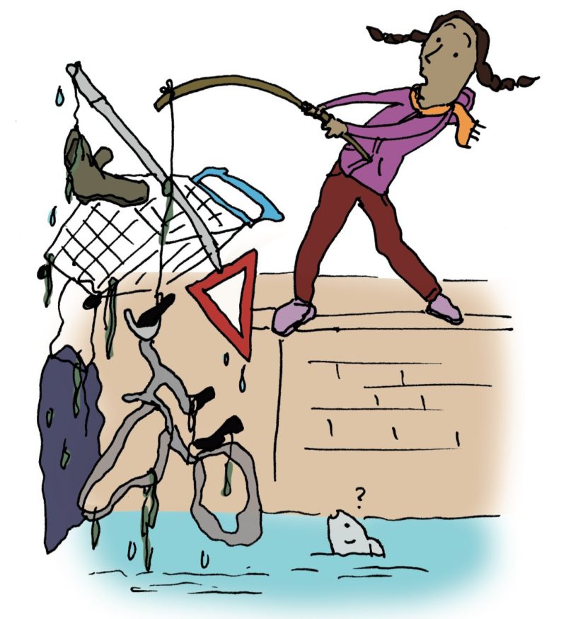 Illustratie van vrouw die fiets uit het water hengelt