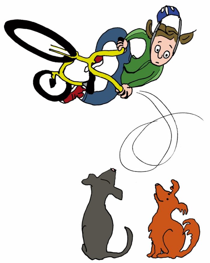 Illustratie van vliegende stuntfietser