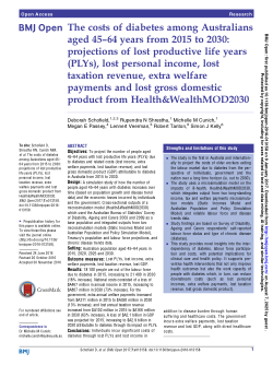 The costs of diabetes among Australians aged 45-64-years from 2015 to 2030: Projections of lost productive life years (PLYs), lost personal income, lost taxation revenue, extra welfare payments and lost gross domestic product from Health&WealthMOD2030