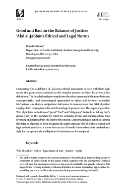 Good and Bad on the Balance of Justice: \u02bfAbd al-Jabb\u0101r\u2019s Ethical and Legal Norms