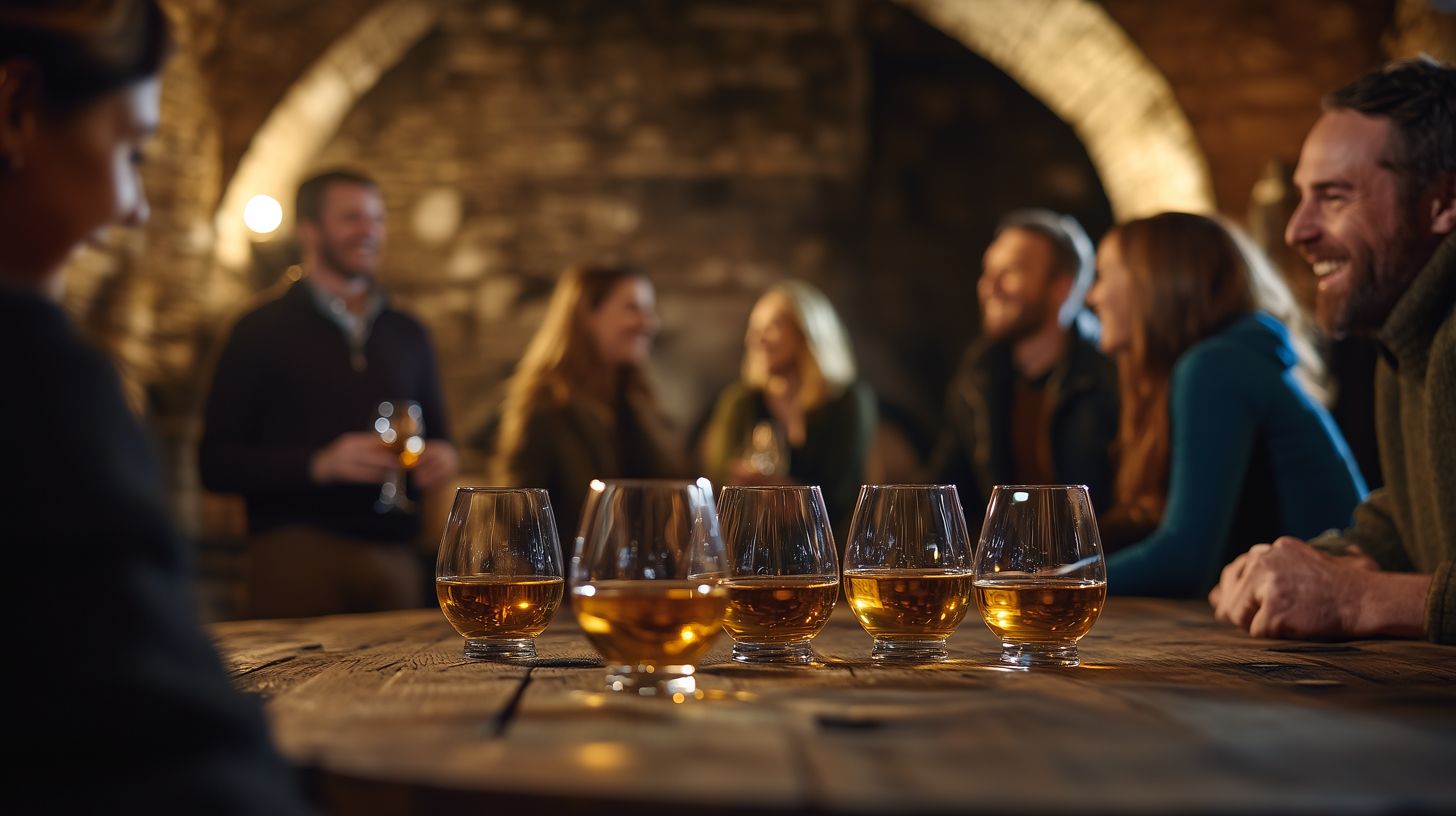 Whisky-Tasting im urigen Brennkeller, Glencairn-Gläser mit Whisky gefüllt stehen auf dem Tisch, Erwachsene genießen in entspannter Atmosphäre das Tasting