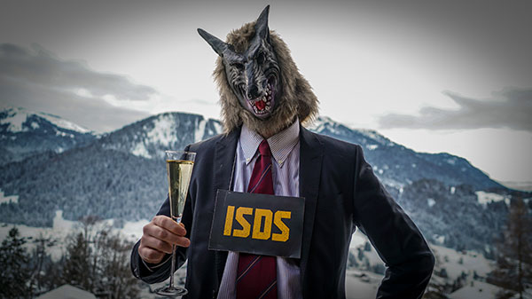 Anti-ISDS protestor dressed as corporate wolf in Davos