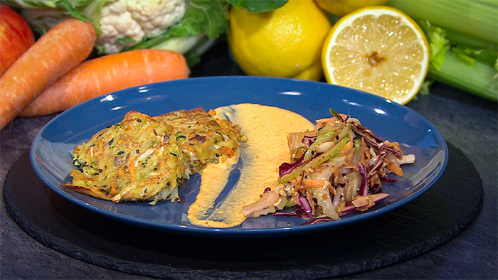 Asia-Gemüse-Pancakes mit Wintergemüse und Kimchi-Mayonnaise