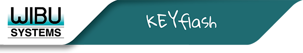 Wibu-Systems logo on the left, 'KEYflash' in handwritten font on a dark teal background.