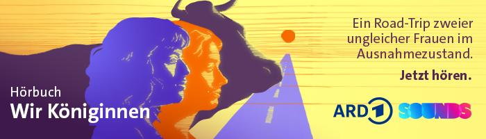 Zwei Frauen im Profil blicken nachdenklich, aber auch neugierig auf eine lange Straße, an deren Ende eine heißrote Sonne glüht. Hinter den Köpfen der Frauen erscheint ein großer Rinderkopf.