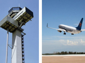Tower und startendes Flugzeug