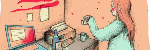 Illustration eine jungen Frau an Ihrem Schreibtisch