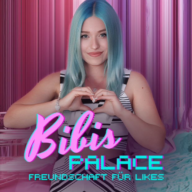 Bibi mit blauen Haaren formt ein Herz mit ihren Händen und sitzt vor einem rosa Hintergrund