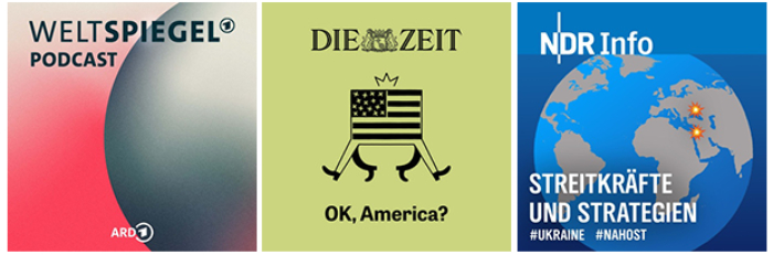 Collage aus verschiedenen Podcasts Weltspiegel, Ok, America?, Streitkräfte und Strategien