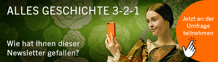 Grafik des Podcats "Alles Geschichte" - eine Frau in einem alten Kleid mit einem Handy vor einer altmodischen Tapete