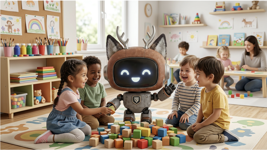 Auf dem Bild sieht man Kinder in einem Gruppenraum, die gemeinsam mit HIWO spielen.
