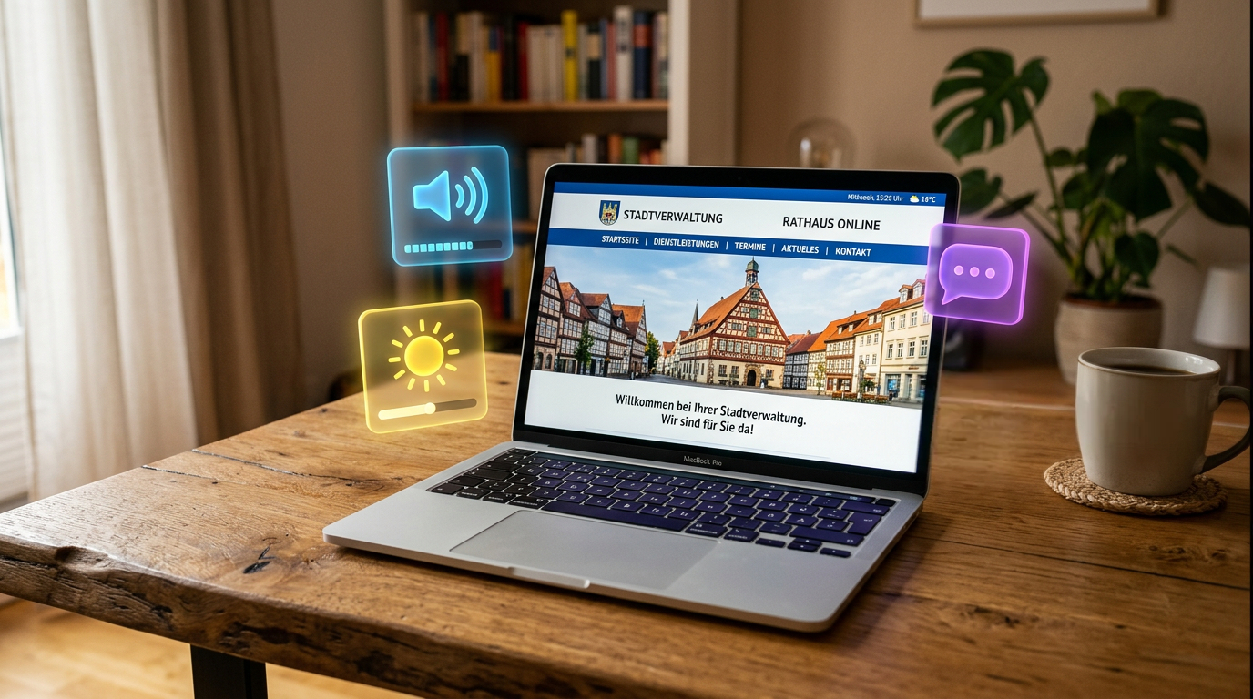 Auf dem Bild sieht man einen Laptop mit einer Online-Seite der Stadtverwaltung und digitalen Symbolen.