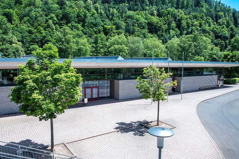 Flaches Gebäude in grüner Umgebung, davor ein gepflasterter Platz mit Bäumen.