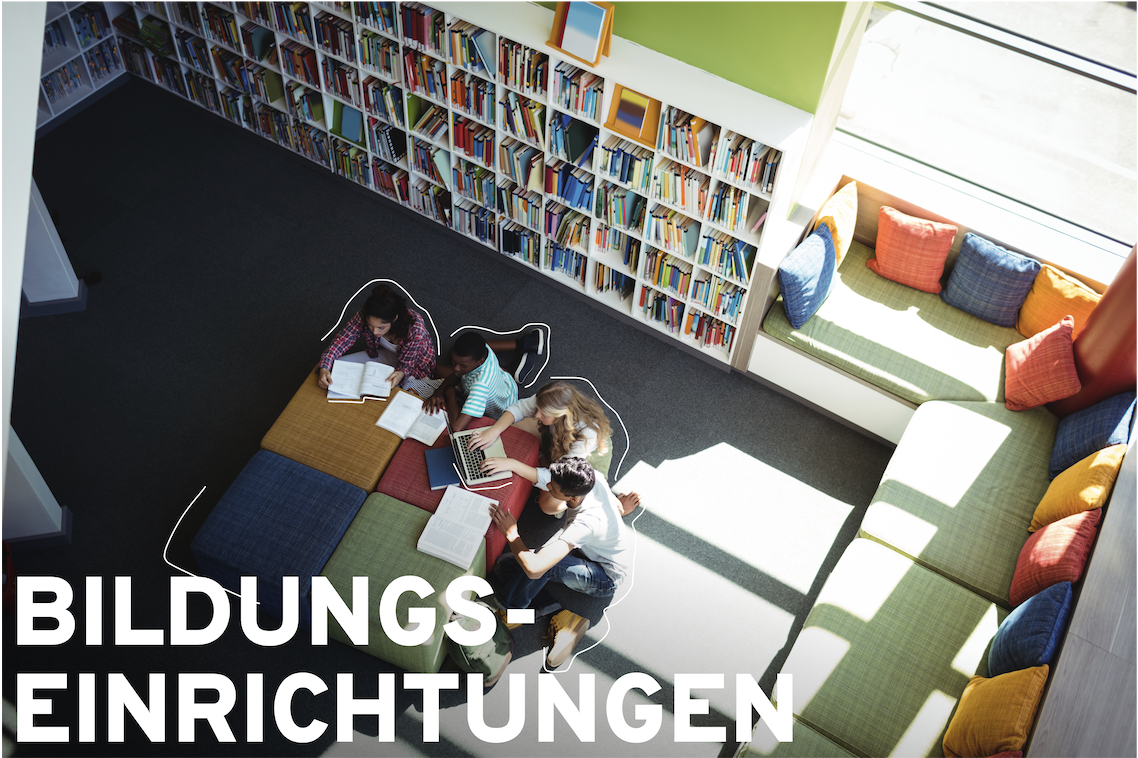 Auf dem Bild sieht man mehrere junge Menschen, die gemeinsam in einer Bibliothek lernen und arbeiten. Im Hintergrund sind große Bücherregale und ein heller Sitzbereich mit bunten Kissen zu sehen.