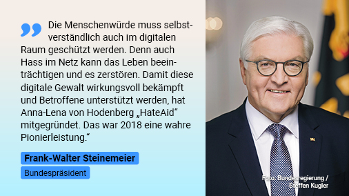 Porträt von Bundespräsident Frank-Walter Steinmeier mit Zitat über Pionierleistung HateAids
