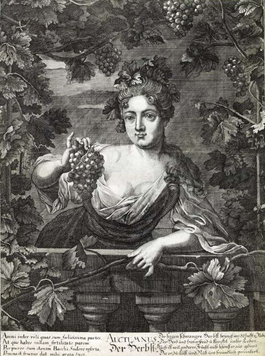 Unbekannte deutsche Radierung (1601–1675): Allegorie des Herbstes mit junger Frau und Weintrauben. Herzog August Bibliothek, Wolfenbüttel.