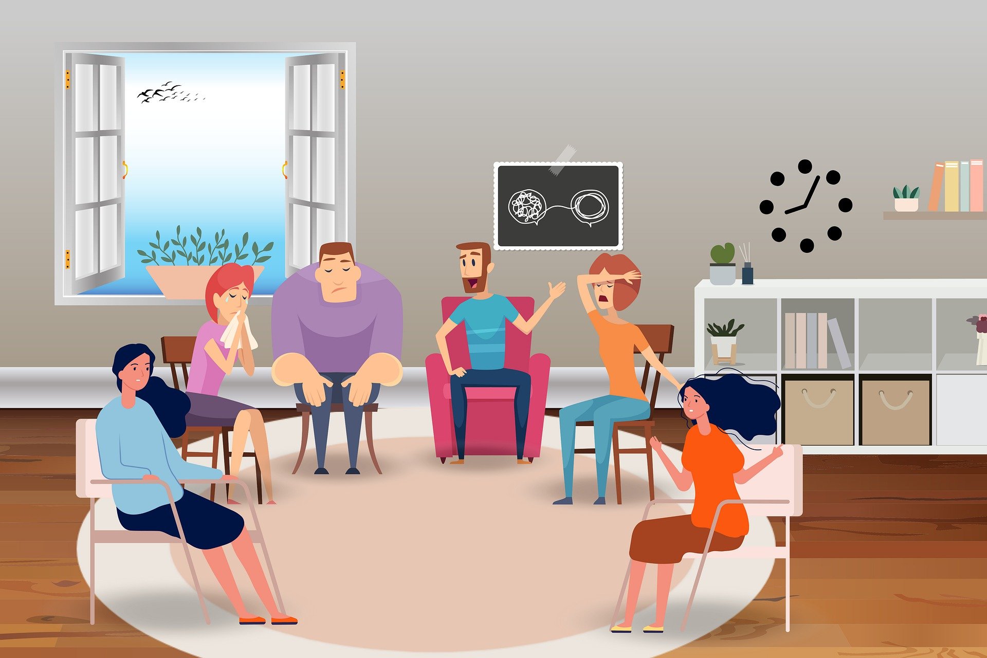 Menschen sitzen im Kreis auf Stühlen in einer Selbsthilfegruppe.