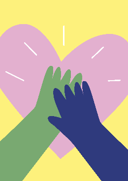 Das Bild zeigt eine Illustration von zwei Händen in blau und grün, die einschlagen. Dahinter ist ein rosa Herz zu sehen. Der Hintergrund ist gelb.