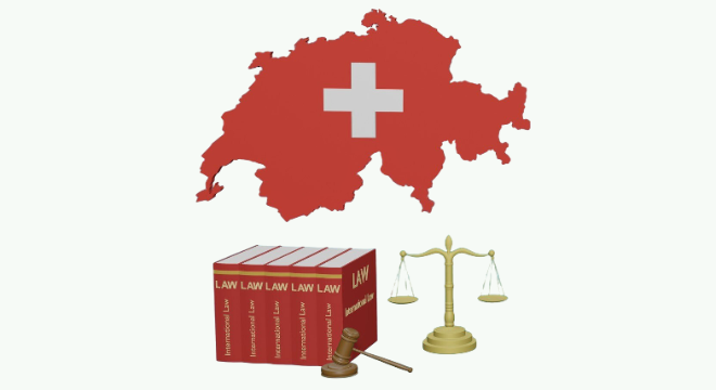 Grafik der Schweiz mit Gesetzbüchern, Waage und Richterhammer als Symbol für Lebensmittelrecht.