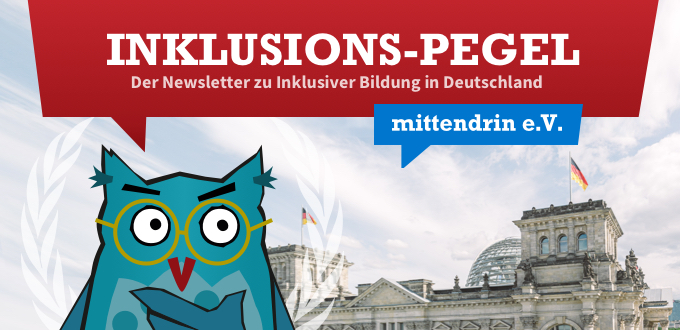 Logo von mittendrin e.V. mit großer Subline: Inklusion schaffen wir! in einem roten Balken steht: Beratung - Angebote -Projekte - Bewegung