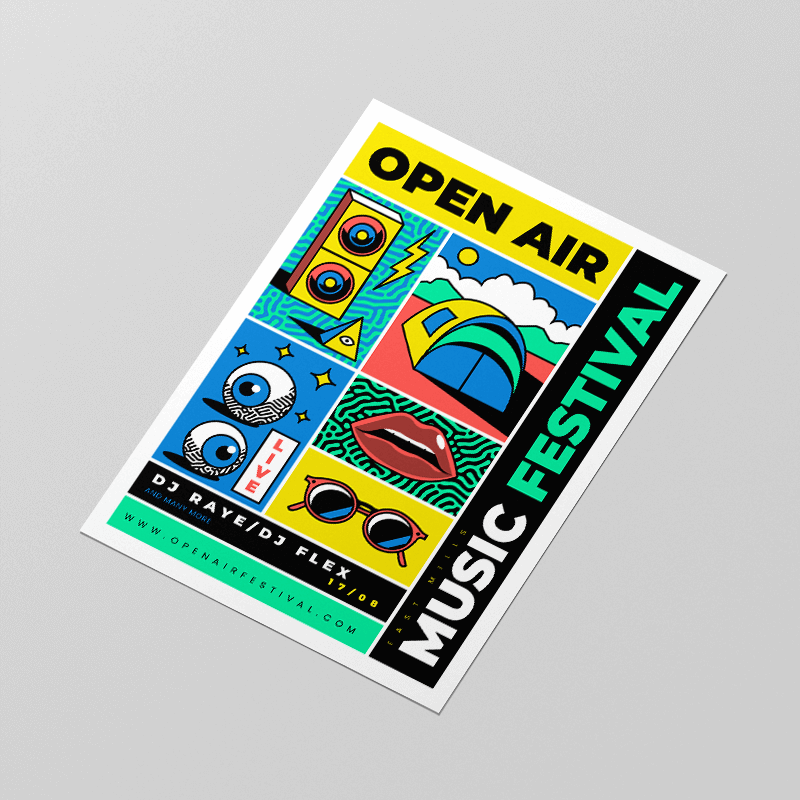 A printed flyer showcasing an open-air music festival, with eye-catching design and essential event information.