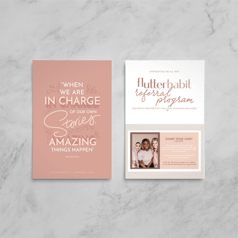 Pink and white flyer featuring an inspirational quote, promoting a company referral program.