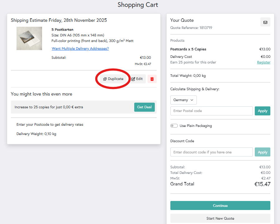  Shopping cart preview with a red circle highlighting the 'Duplicate' button in Mixam's interface.