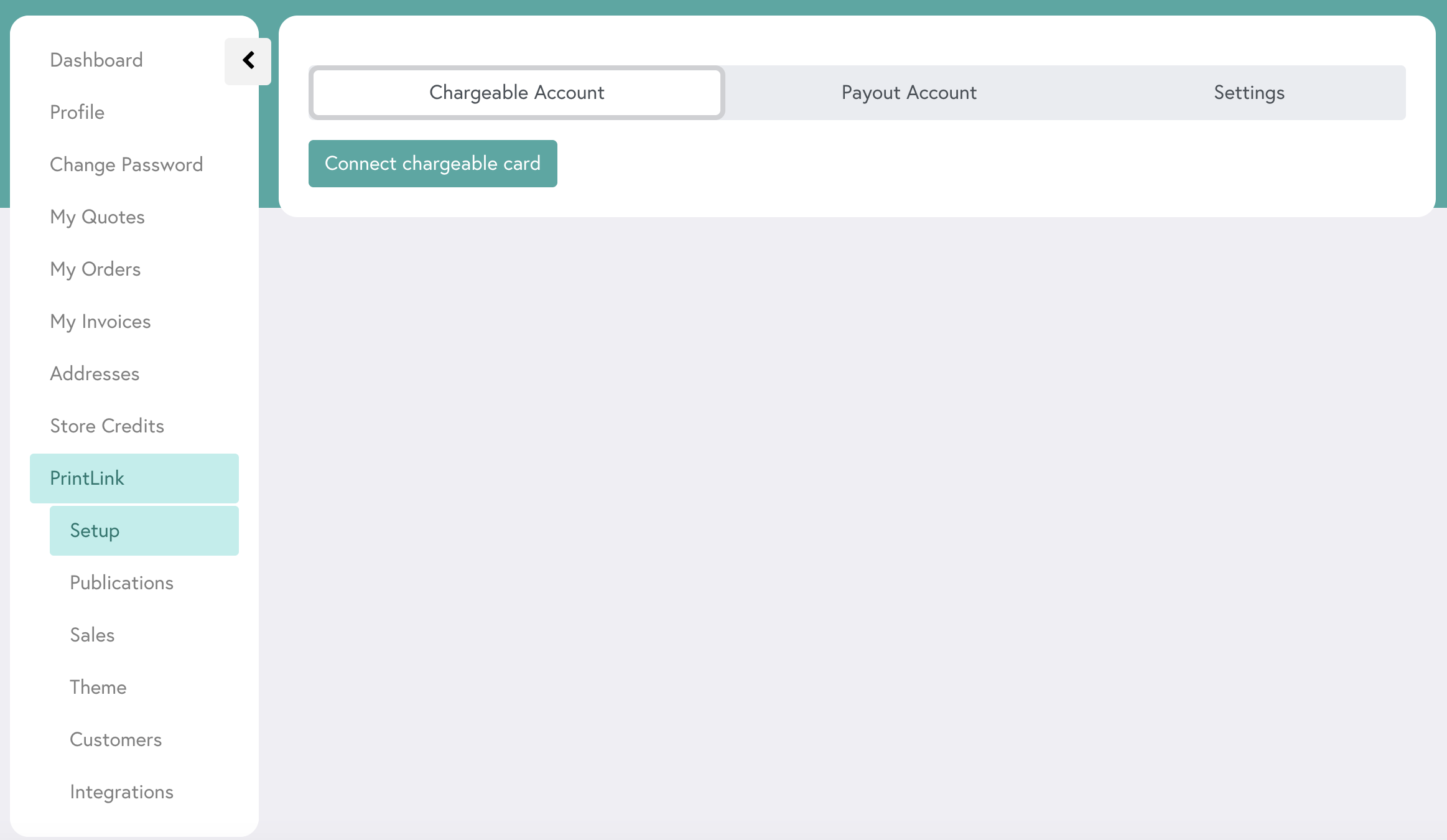 An overview of the Chargeable Account section for Mixam's print-on-demand service, PrintLink.