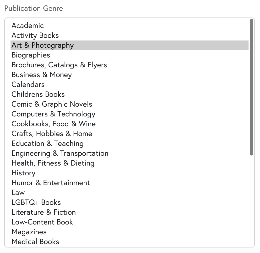 Book genre tags for print-on-demand books