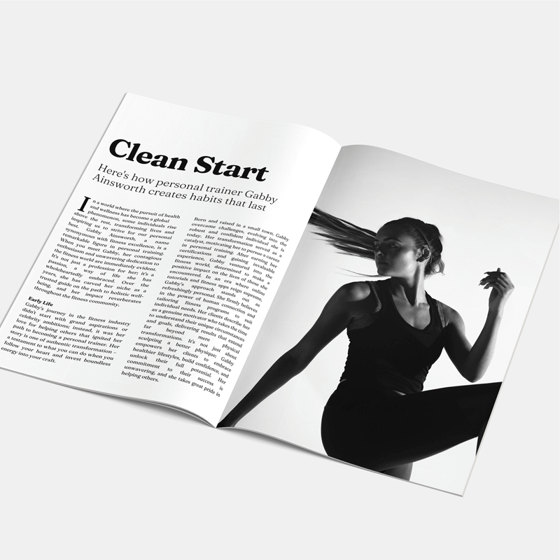 Mockup of a magazine spread featuring text on one page and a black-and-white photo of a woman in sportswear on the other.