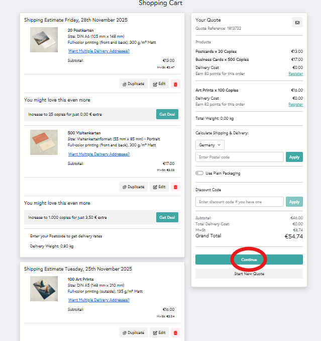A preview of Mixam's shopping cart displaying three products for a single print design.