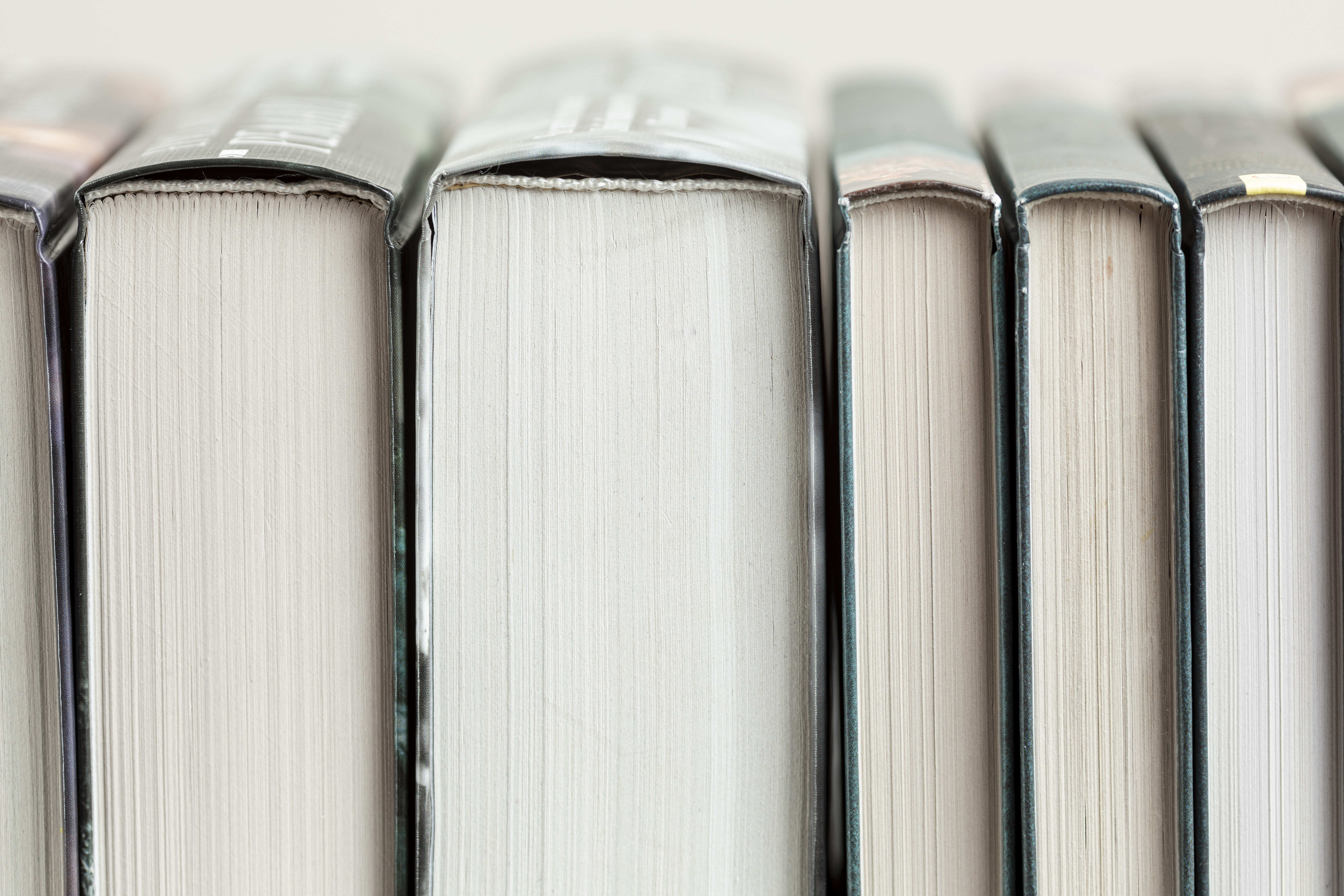 A row of bound novels of various thicknesses lay on their sides next to one another.
