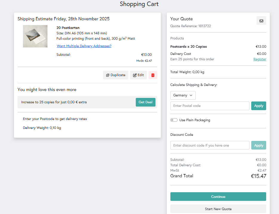 A preview of Mixam's shopping cart on a mobile device featuring multiple prints of the same design.