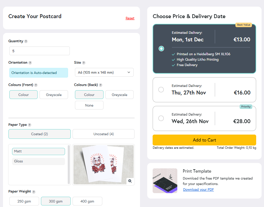 Preview of Mixam's Instant Quote Calculator, featuring various print options and their corresponding prices.
