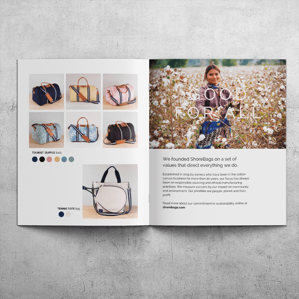 An open booklet with saddle-stitch binding.