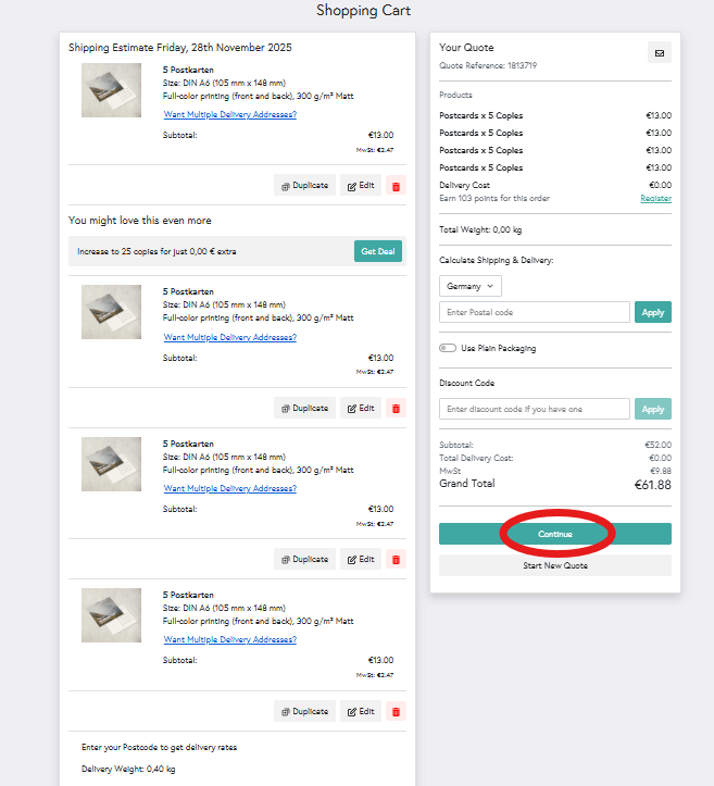 Preview of Mixam's shopping cart with 5 copies of 4 designs, highlighting the 'Continue' button for the next step.