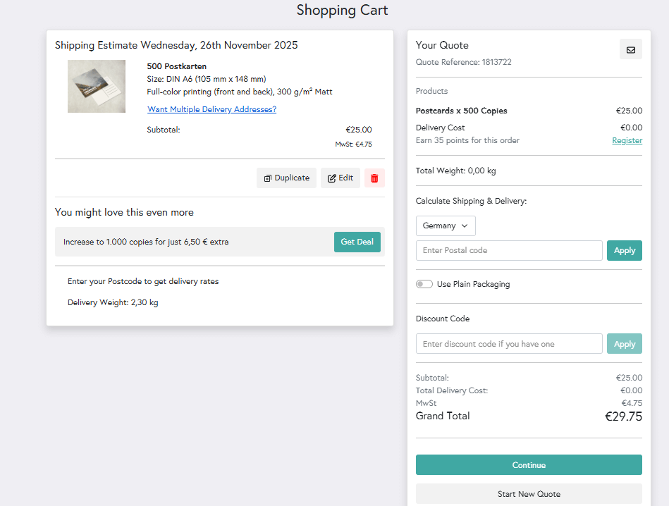 Shopping cart preview showing a multi-part order with a price and a shopping cart button for Mixam.