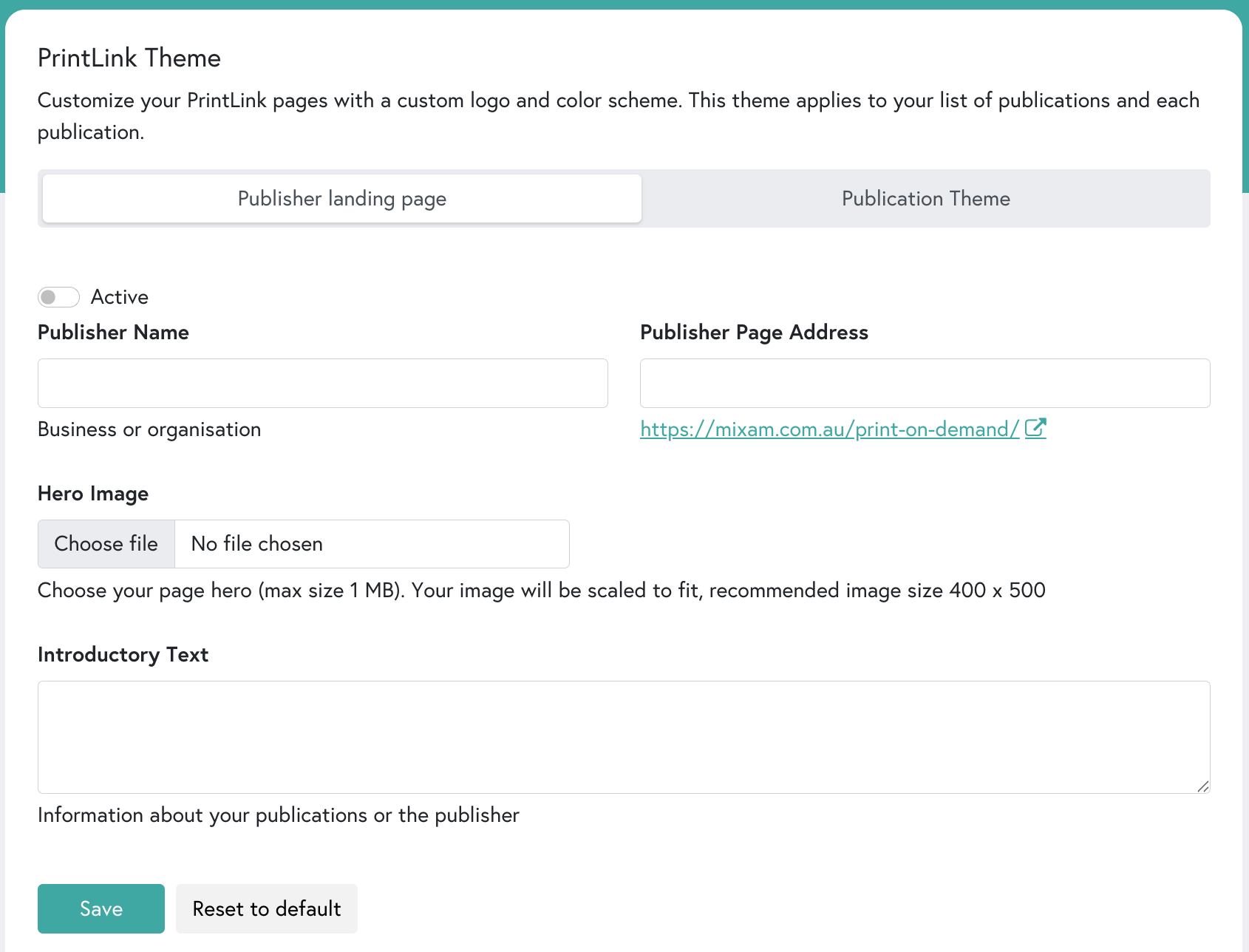 An overview of the Publisher landing page section for Mixam's print-on-demand service, PrintLink.