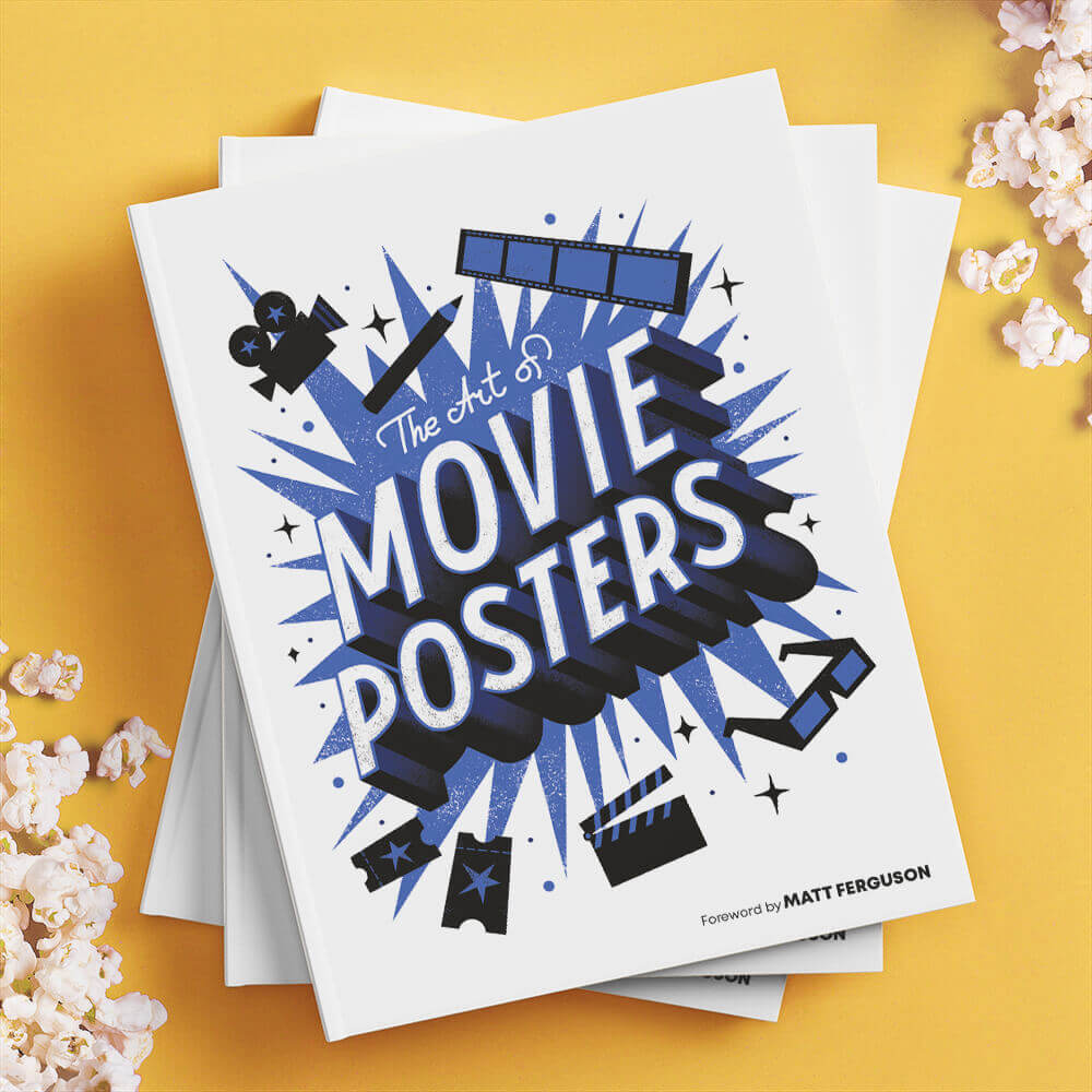 A pile of 3 stacked hardcover books with cover featuring movie-themed imagery