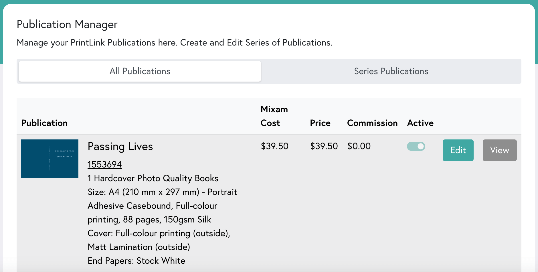 An overview of the All Publications section for Mixam's print-on-demand service, PrintLink.